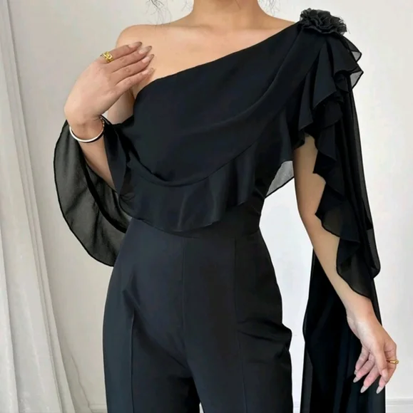 Elegant One-Shoulder Jumpsuit With 3D Floral Decor - Picture 4 of 4